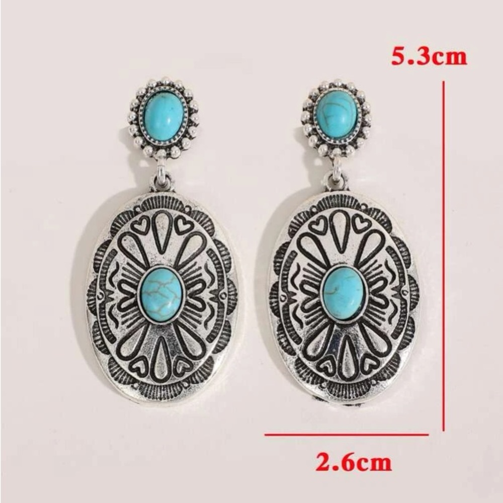 Bohemian Chic Southwestern Turquoise & Silver Dangle Drop Statement Earr… - Picture 3 of 5